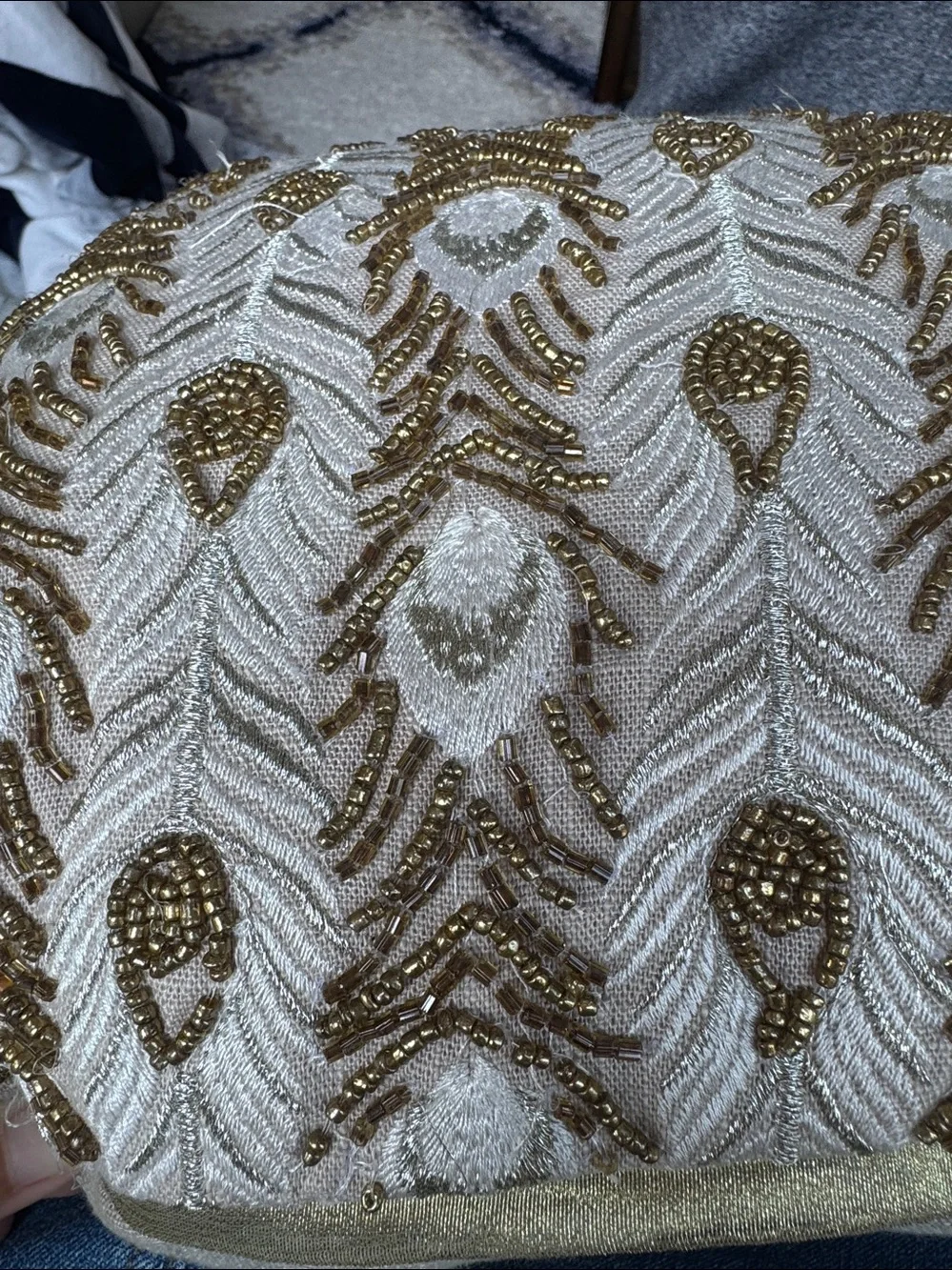 Pier 1 Beaded Peacock Feather Gold Embroidered Lumbar Accent Pillow